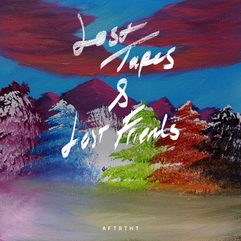 Lost Tapes & Lost Friends album cover — a painting of a crimson sunset sky over a purple mountain ridge and a treeline in six colours, with the album title hand-painted in white script